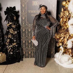 Rhinestone and Pearl Evening Gown - Black